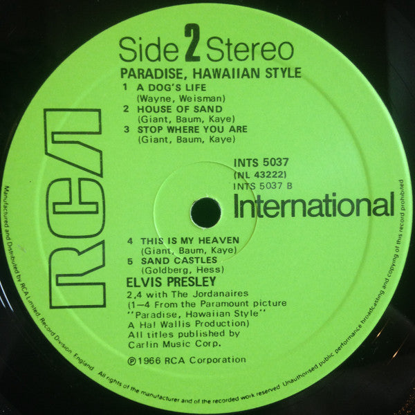 Elvis Presley : Paradise, Hawaiian Style (LP, Album, RE, RCA)