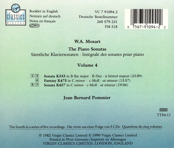 Jean-Bernard Pommier, Wolfgang Amadeus Mozart : The Piano Sonatas 4: K333, K457, Fantasy K475 (CD, Album)