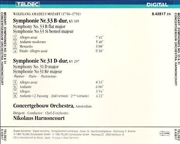 Wolfgang Amadeus Mozart / Concertgebouworkest, Nikolaus Harnoncourt : Symphonies Nr. 31 »Pariser« & Nr. 33 (CD, Album, RE)