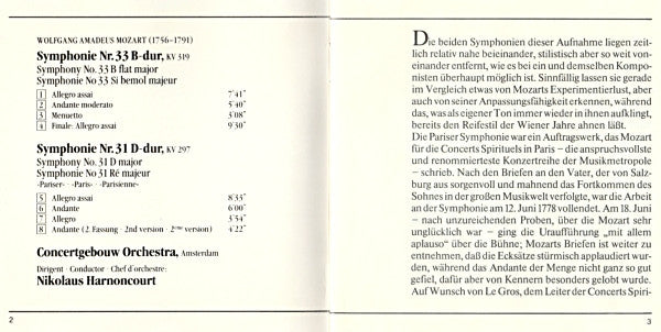 Wolfgang Amadeus Mozart / Concertgebouworkest, Nikolaus Harnoncourt : Symphonies Nr. 31 »Pariser« & Nr. 33 (CD, Album, RE)