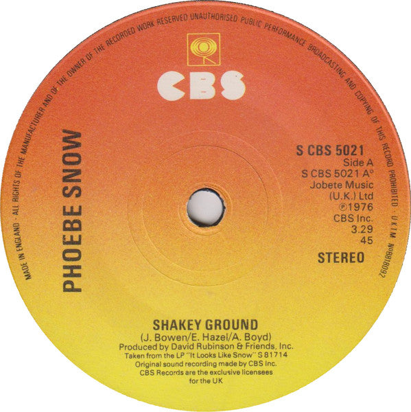 Phoebe Snow : Shakey Ground / Don't Sleep With Your Eyes Closed (7", Single)