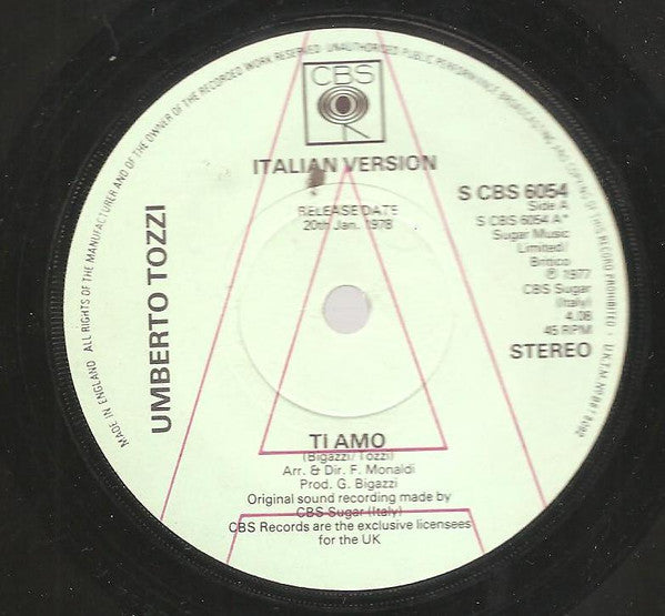 Umberto Tozzi : Ti Amo (7", Single, Promo)