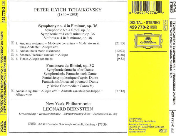 Tchaikovsky*, New York Philharmonic, Leonard Bernstein : Symphony No. 4 / Francesca Da Rimini (CD, Album)