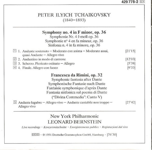 Tchaikovsky*, New York Philharmonic, Leonard Bernstein : Symphony No. 4 / Francesca Da Rimini (CD, Album)
