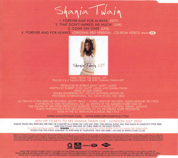 Shania Twain : Forever And For Always (CD, Single, Enh, CD2)