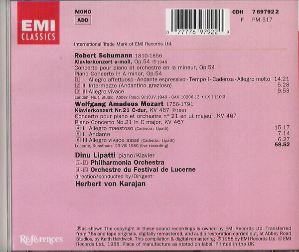 Robert Schumann, Wolfgang Amadeus Mozart - Dinu Lipatti, Herbert von Karajan, Philharmonia Orchestra, Lucerne Festival Orchestra : Klavierkonzert A-moll / Klavierkonzert N° 21 C-dur (CD, Comp, Mono, RM)