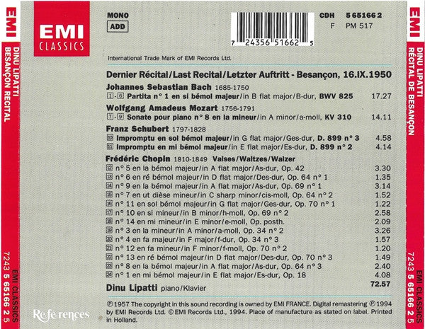 Dinu Lipatti : Dernier Récital/Last Recital/Letzer Auftritt: Besançon, 16.IX.1950 - Bach, Mozart, Schubert, Chopin (CD, Mono)