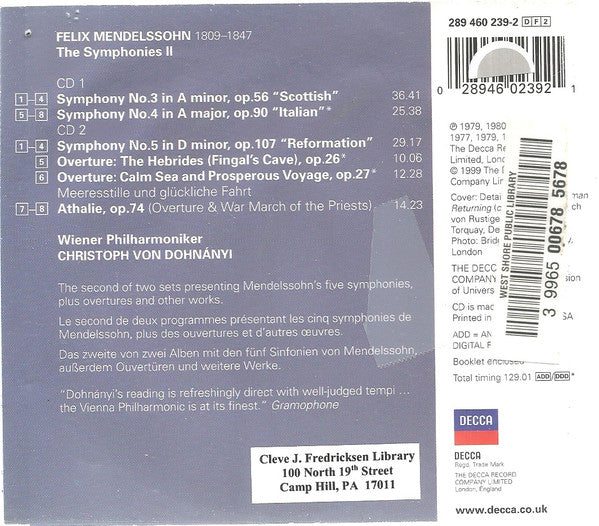 Mendelssohn* : Wiener Philharmoniker, Christoph Von Dohnányi : The Symphonies II: Symphonies Nos. 3, 4 & 5 / 3 Overtures (2xCD, Comp)