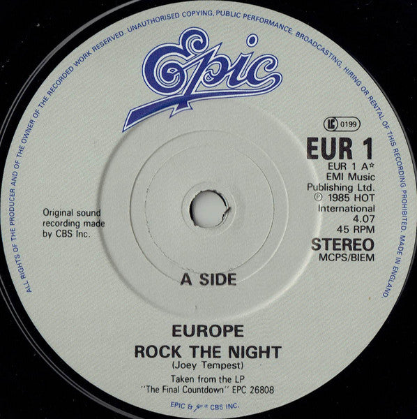 Europe (2) : Rock The Night (7", Single)