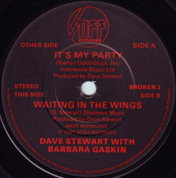 Dave Stewart With Barbara Gaskin* : It's My Party (7", Single, Pic)