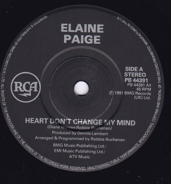 Elaine Paige : Heart Don't Change My Mind (7", Single)