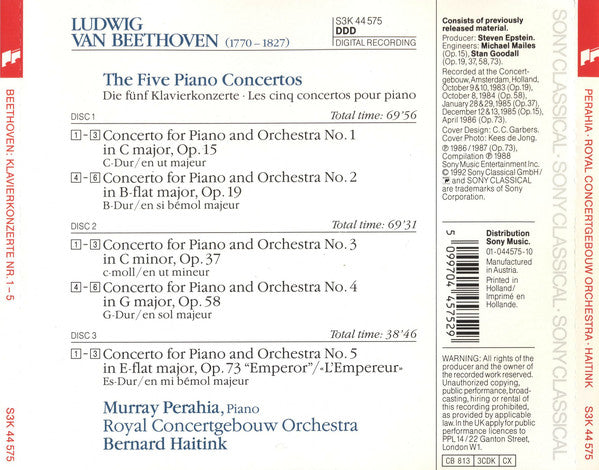Ludwig Van Beethoven - Murray Perahia · Concertgebouworkest · Bernard Haitink : The Five Piano Concertos (3xCD, Comp, RE)