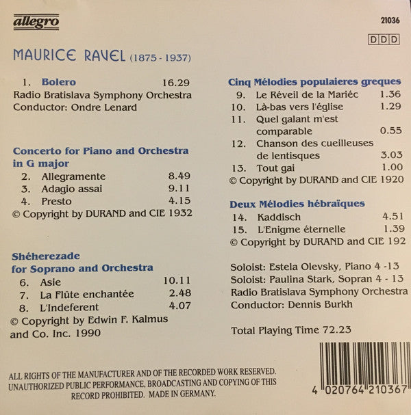 Maurice Ravel, Slovak Radio Symphony Orchestra, Ondrej Lenárd, Dennis Burkh : Bolero (CD, Album)