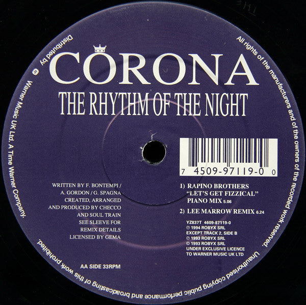 Corona : The Rhythm Of The Night (12", Single)