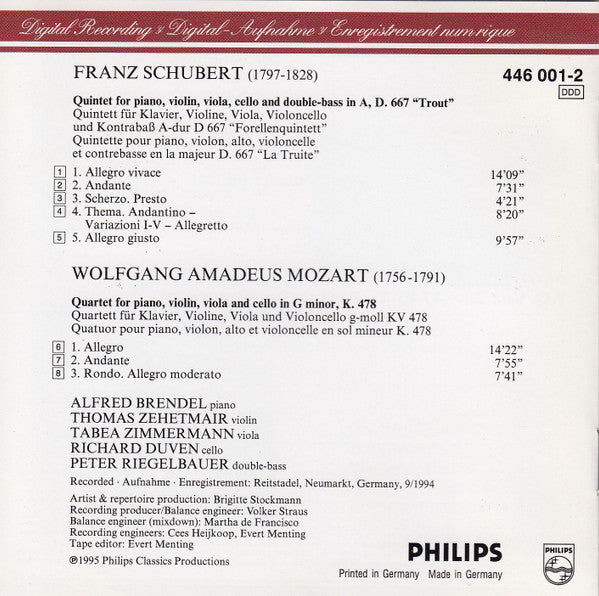 Franz Schubert / Wolfgang Amadeus Mozart - Alfred Brendel · Thomas Zehetmair · Tabea Zimmermann · Richard Duven · Peter Riegelbauer : Forellenquintett = The Trout = La Truite = La Trota  / Piano Quartet In G Minor (CD, Album)