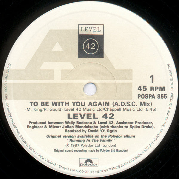 Level 42 : To Be With You Again (A.D.S.C. Mix) (12")