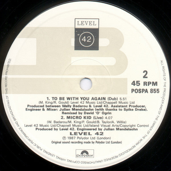 Level 42 : To Be With You Again (A.D.S.C. Mix) (12")