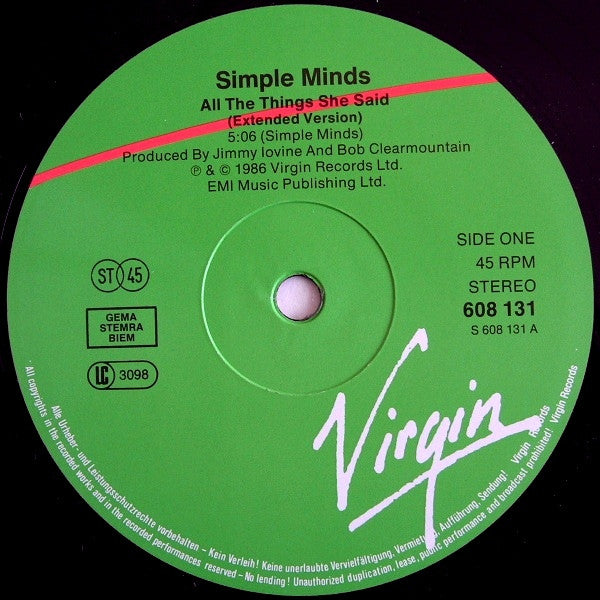 Simple Minds : All The Things She Said (Extended Version) (12", Single, Gre)