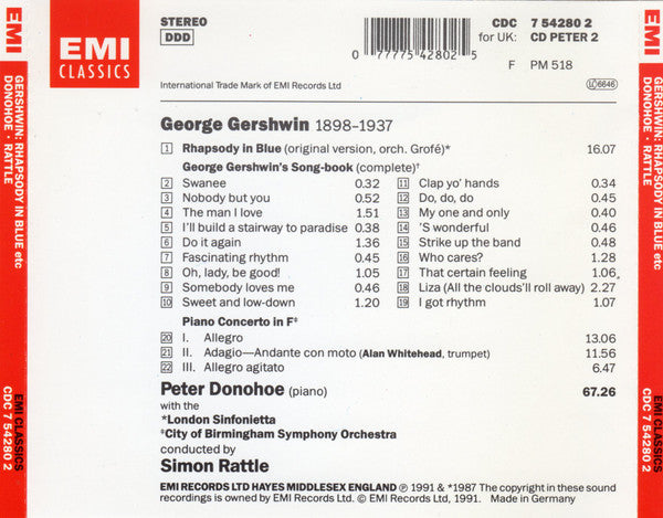 George Gershwin - Peter Donohoe, London Sinfonietta, City Of Birmingham Symphony Orchestra, Sir Simon Rattle : Rhapsody In Blue · Piano Concerto · Song-Book (Complete) (CD, Album, RP)