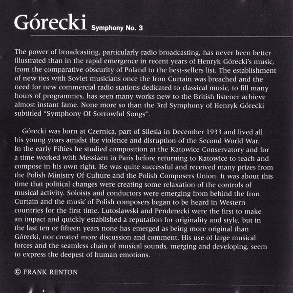 Henryk Górecki Featuring Zofia Kilanowicz, Orkiestra Symfoniczna Filharmonii Śląskiej Conducted By Jerzy Swoboda : Symphony No. 3: 'Symphony Of Sorrowful Songs' Op. 36 For Soprano & Orchestra (CD, Album)