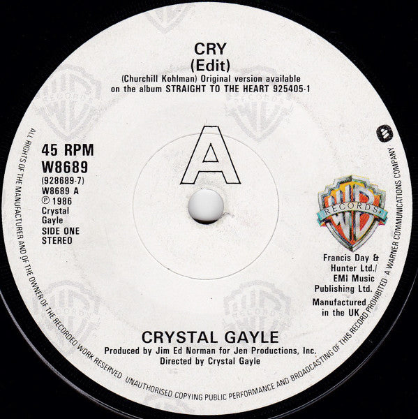 Crystal Gayle : Cry (7", Single, Promo)