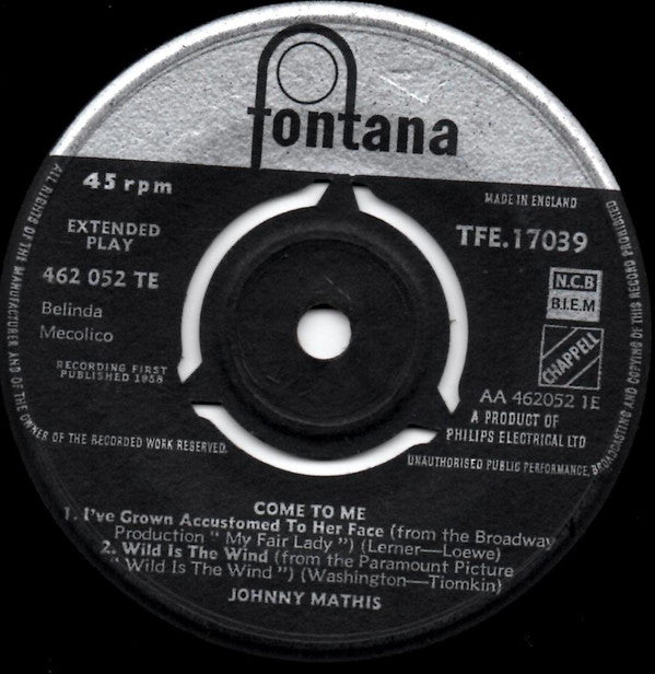 Johnny Mathis : Come To Me (7", EP, 3-P)