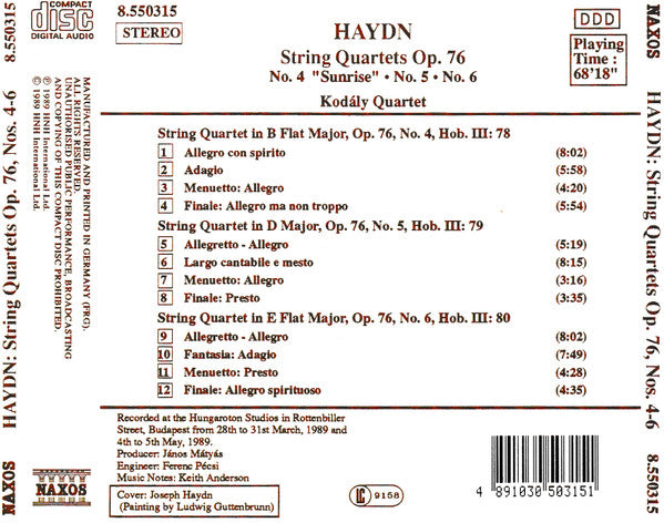 Haydn*, Kodály Quartet : String Quartets Op. 76, No. 4 "Sunrise" - No. 5 - No. 6 (CD)