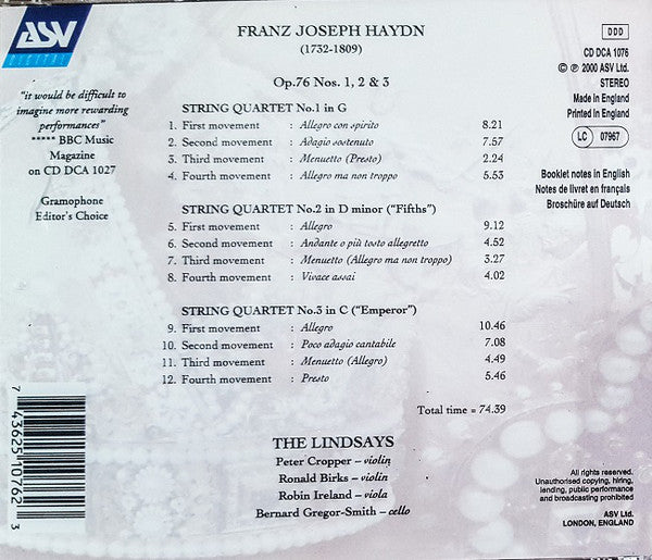 Joseph Haydn - The Lindsays : String Quartets Op. 76: No. 1 • No. 2 "Fifths" • No. 3 "Emperor" (CD)