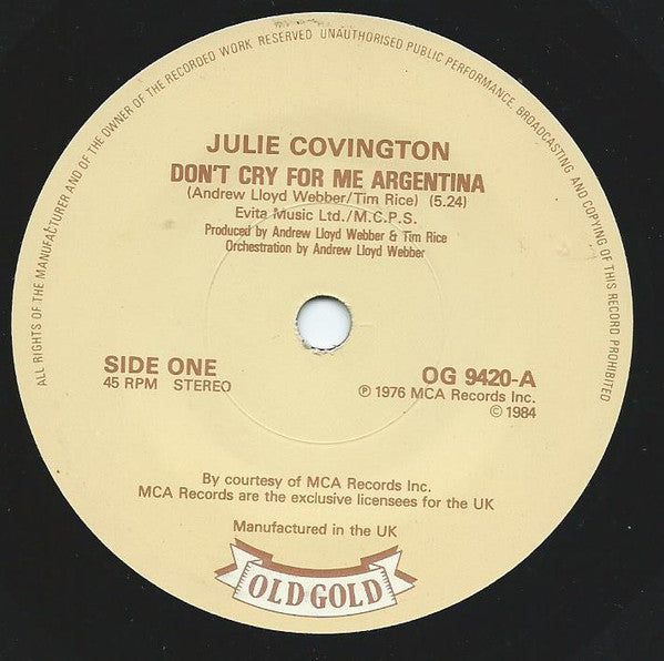 Julie Covington / Barbara Dickson : Don't Cry For Me Argentina / Another Suitcase Another Hall (7", Single, RP)