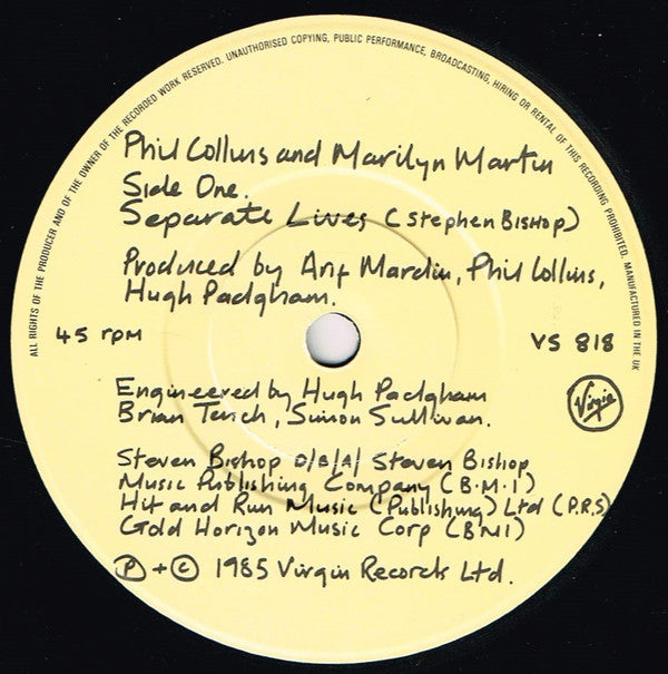 Phil Collins And Marilyn Martin : Separate Lives (Love Theme From White Nights) (7", Single)