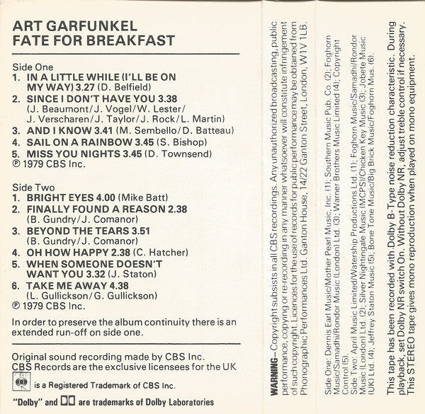 Art Garfunkel : Fate For Breakfast (Cass, Album)