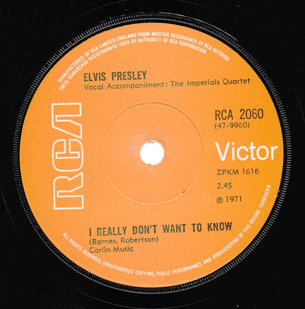 Elvis Presley : There Goes My Everything / I Really Don't Want To Know (7", Single)