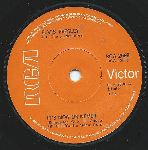 Elvis Presley With The Jordanaires : It's Now Or Never / Make Me Know It (7", RE, Sol)