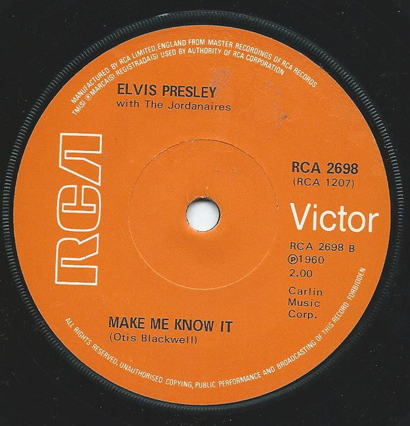Elvis Presley With The Jordanaires : It's Now Or Never / Make Me Know It (7", RE, Sol)