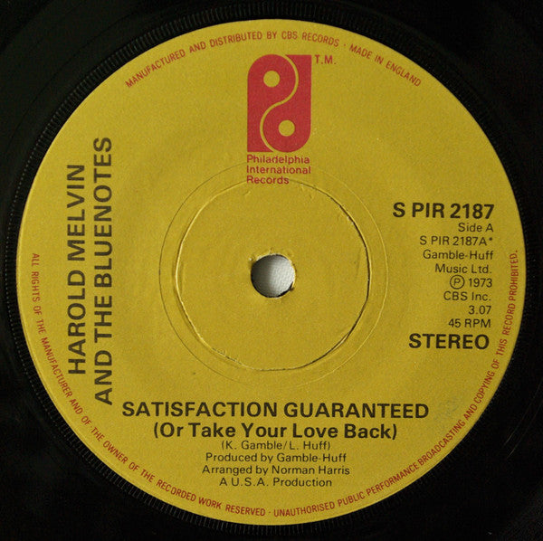 Harold Melvin And The Blue Notes : Satisfaction Guaranteed (Or Take Your Love Back) (7", Single, Sol)