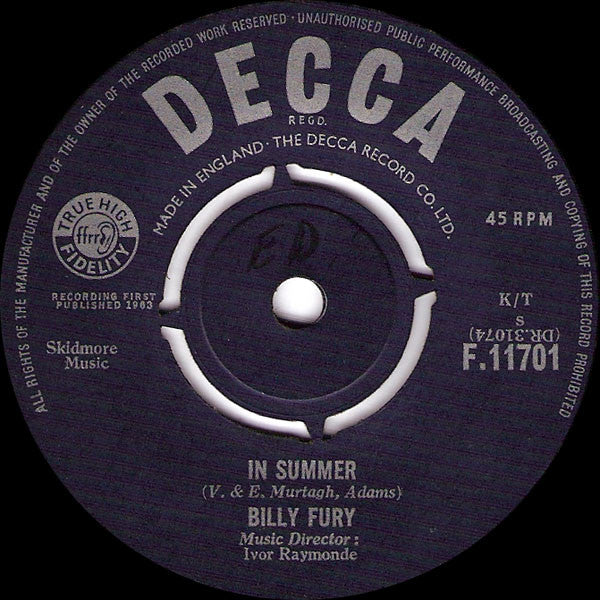 Billy Fury : In  Summer (7", Single)