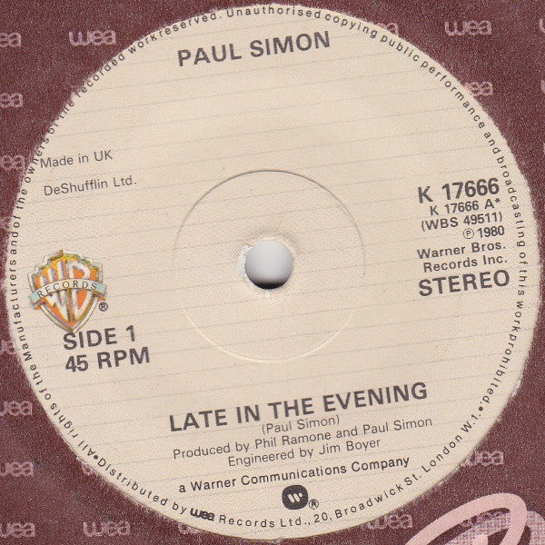 Paul Simon : Late In The Evening (7", Single)