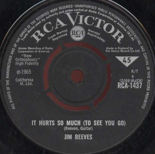 Jim Reeves : It Hurts So Much (To See You Go) (7", Single)