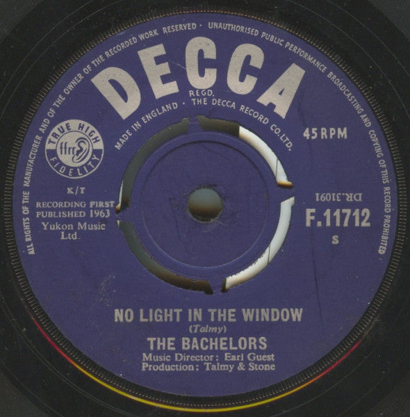 The Bachelors : No Light In The Window  (7", Single)