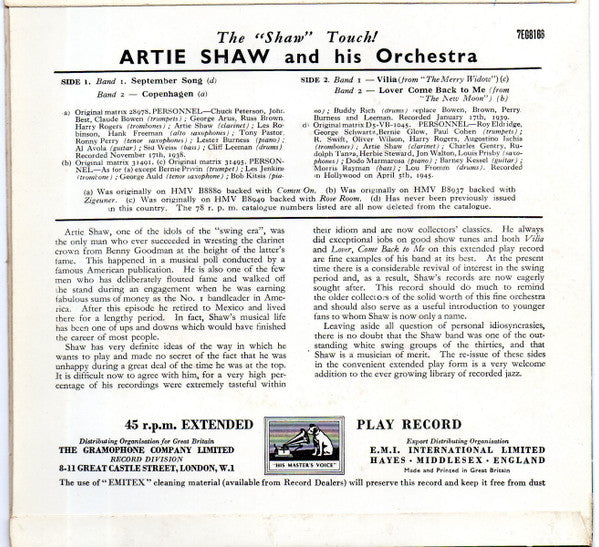 Artie Shaw And His Orchestra : The "Shaw" Touch! (7", EP, Comp, Mono)