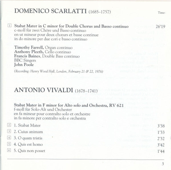 BBC Singers, English Bach Festival Baroque Orchestra   & English Bach Festival Chorus, John Poole (2), Jean-Claude Malgoire : Scarlatti: Stabat Mater / Vivaldi: Stabat Mater - Dixit Dominus (CD, Comp)