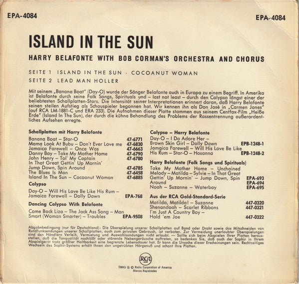 Harry Belafonte : Island In The Sun (Musik Aus Dem Centfox-Film "Heisse Erde") (7", EP)