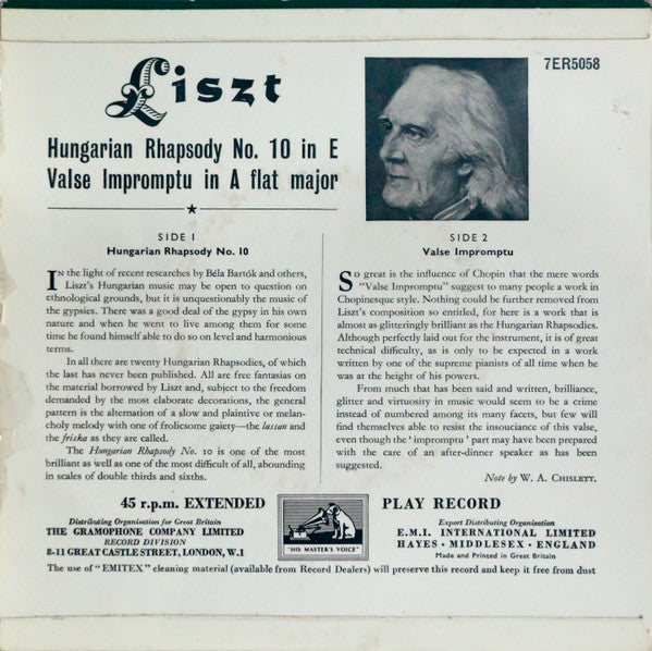 Arthur Rubinstein, Franz Liszt : Hungarian Rhapsody No. 10 In E Major / Valse Impromptu In A Flat Major (7", EP)