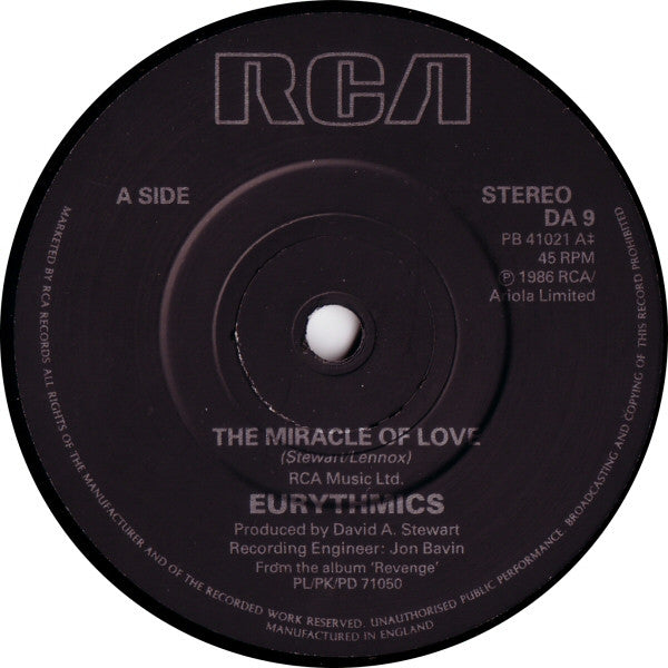 Eurythmics : The Miracle Of Love (7", Single)