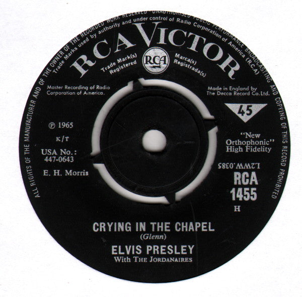 Elvis Presley With The Jordanaires : Crying In The Chapel (7", Single)
