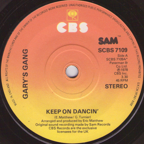 Gary's Gang : Keep On Dancin' (7", Single, Sam)