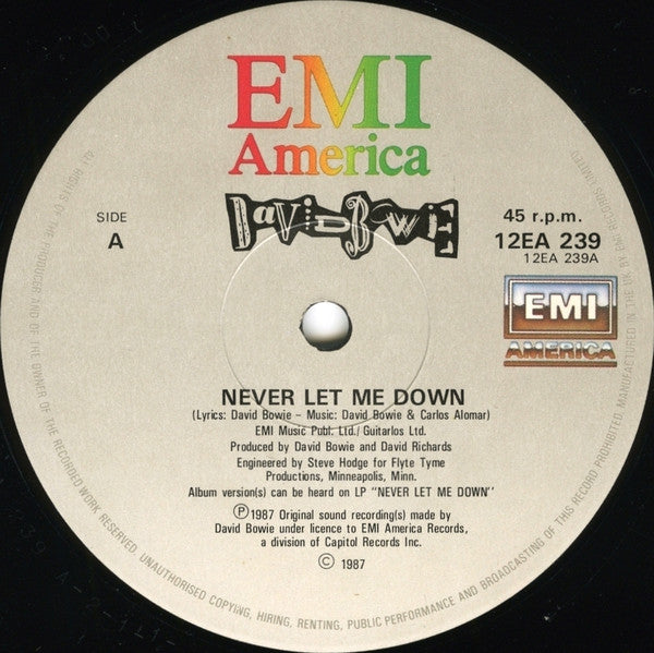 David Bowie : Never Let Me Down (Extended Dance Remix) (12", Single)