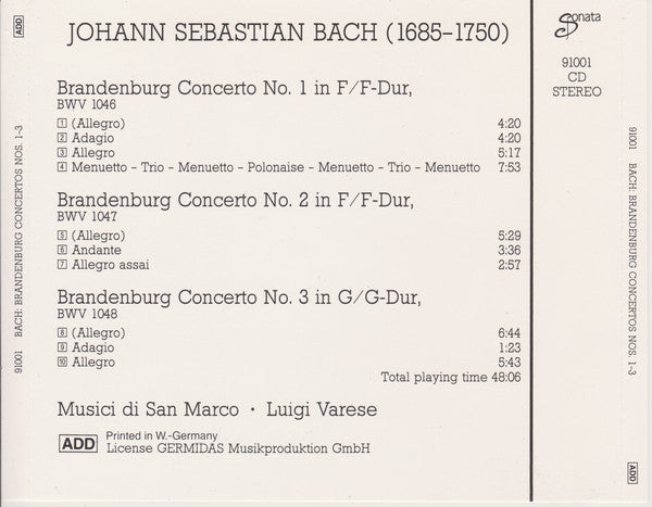 Johann Sebastian Bach, Musici Di San Marco / Luigi Varese : Brandenburg Concertos Nos 1-3 (CD, Album)
