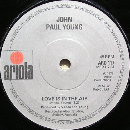 John Paul Young : Love Is In The Air (7", Single, Sol)