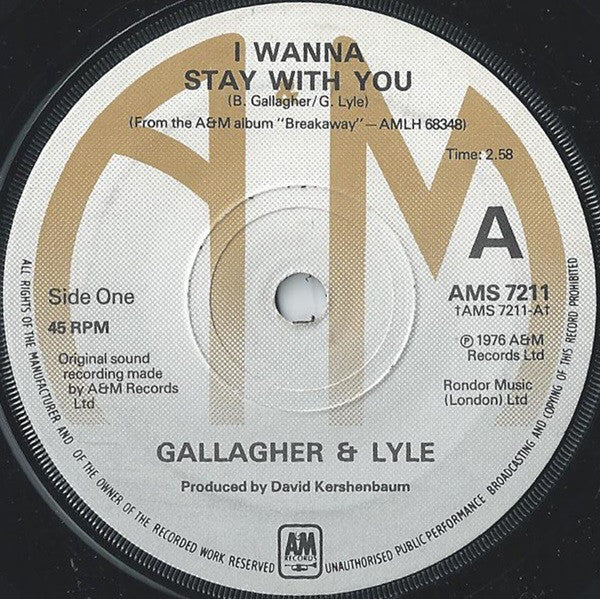 Gallagher & Lyle : I Wanna Stay With You (7", Single, Sol)